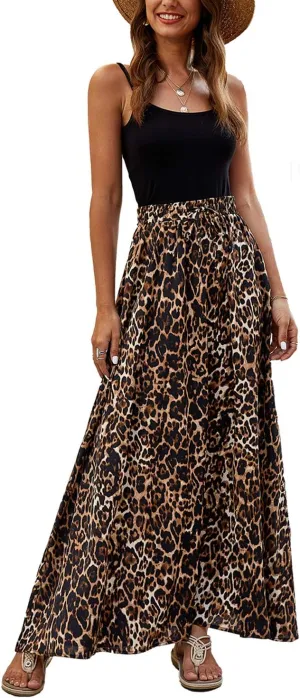 Bluetime Women Flowy Long Skirts Summer Beach Pleated Elastic High Waisted Casual Maxi Skirts