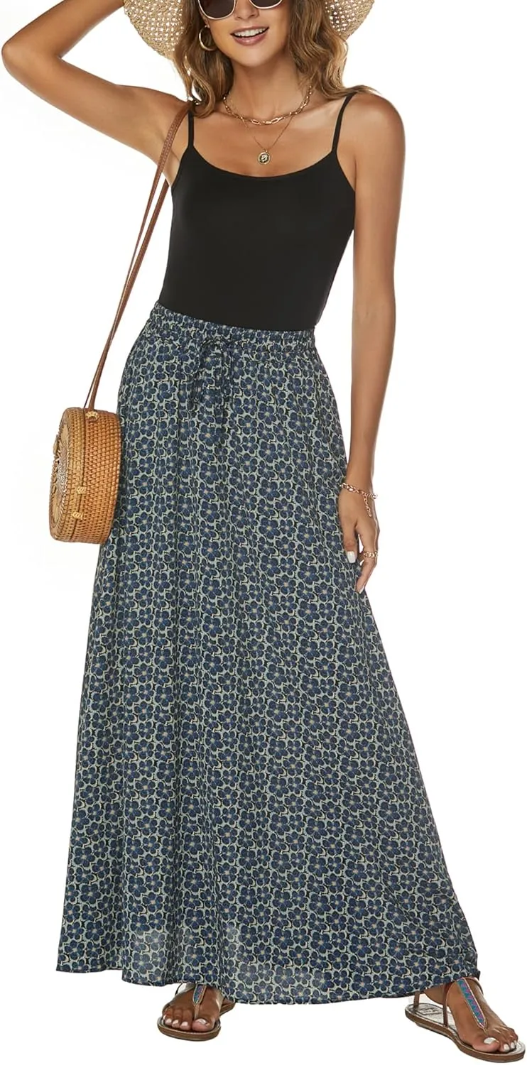 Bluetime Women Flowy Long Skirts Summer Beach Pleated Elastic High Waisted Casual Maxi Skirts