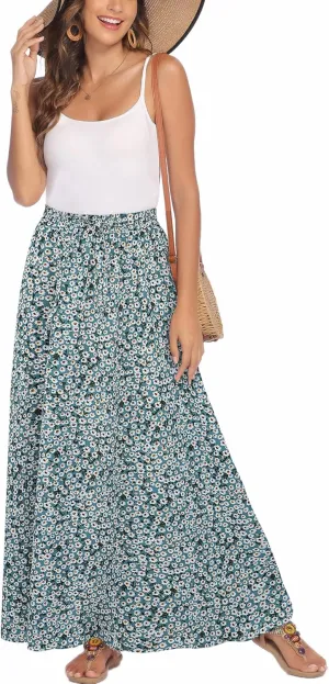 Bluetime Women Flowy Long Skirts Summer Beach Pleated Elastic High Waisted Casual Maxi Skirts