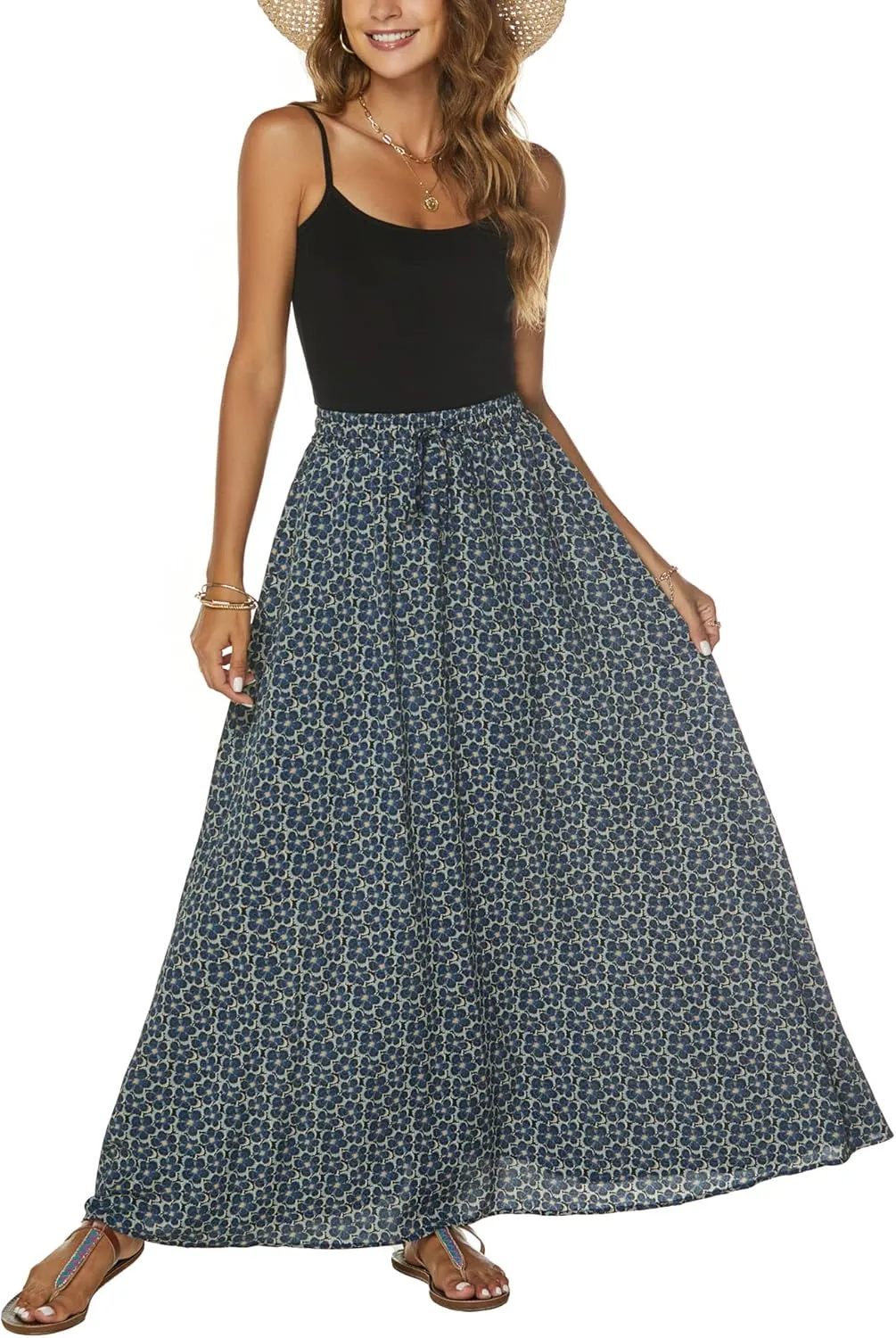 Bluetime Women Flowy Long Skirts Summer Beach Pleated Elastic High Waisted Casual Maxi Skirts