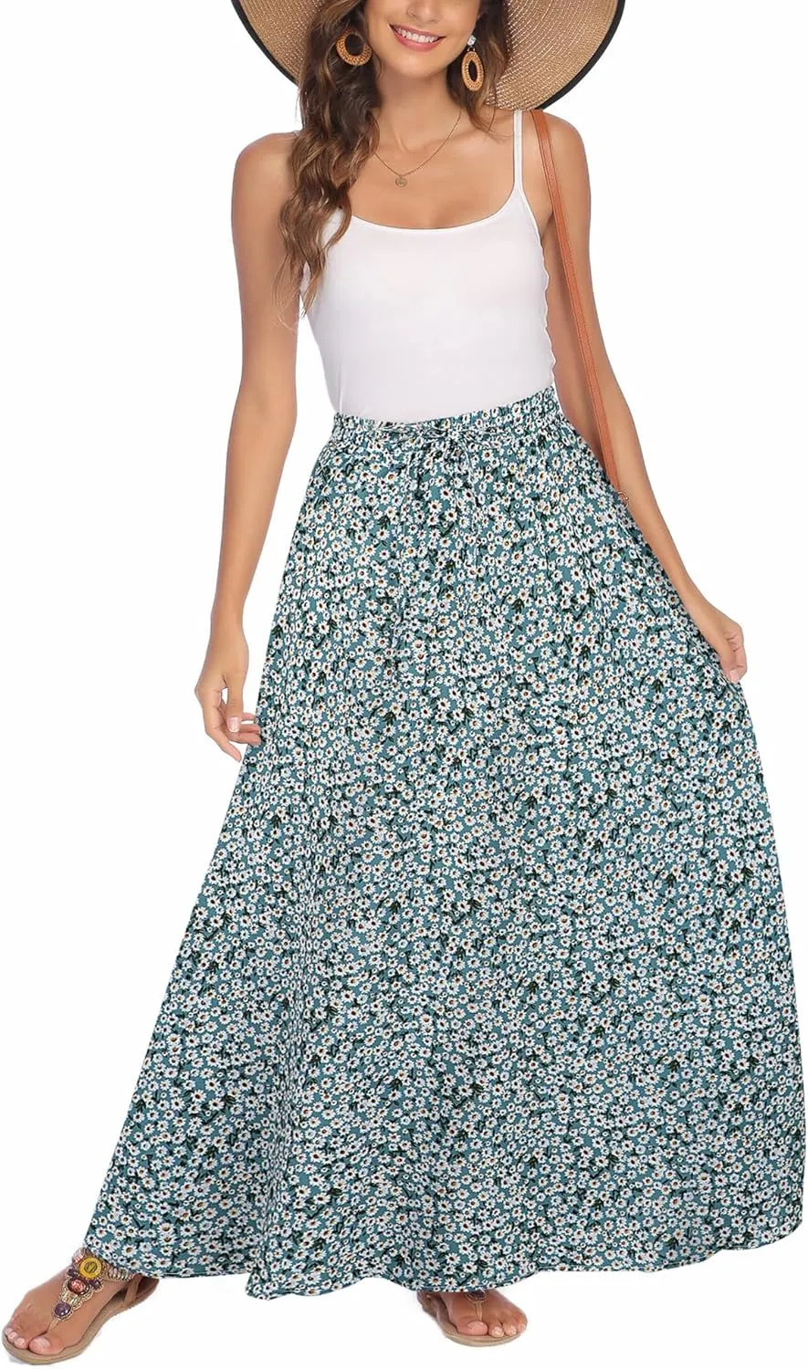 Bluetime Women Flowy Long Skirts Summer Beach Pleated Elastic High Waisted Casual Maxi Skirts