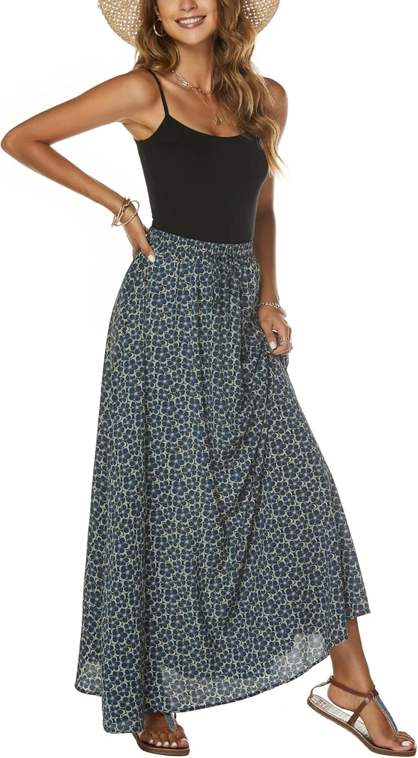 Bluetime Women Flowy Long Skirts Summer Beach Pleated Elastic High Waisted Casual Maxi Skirts