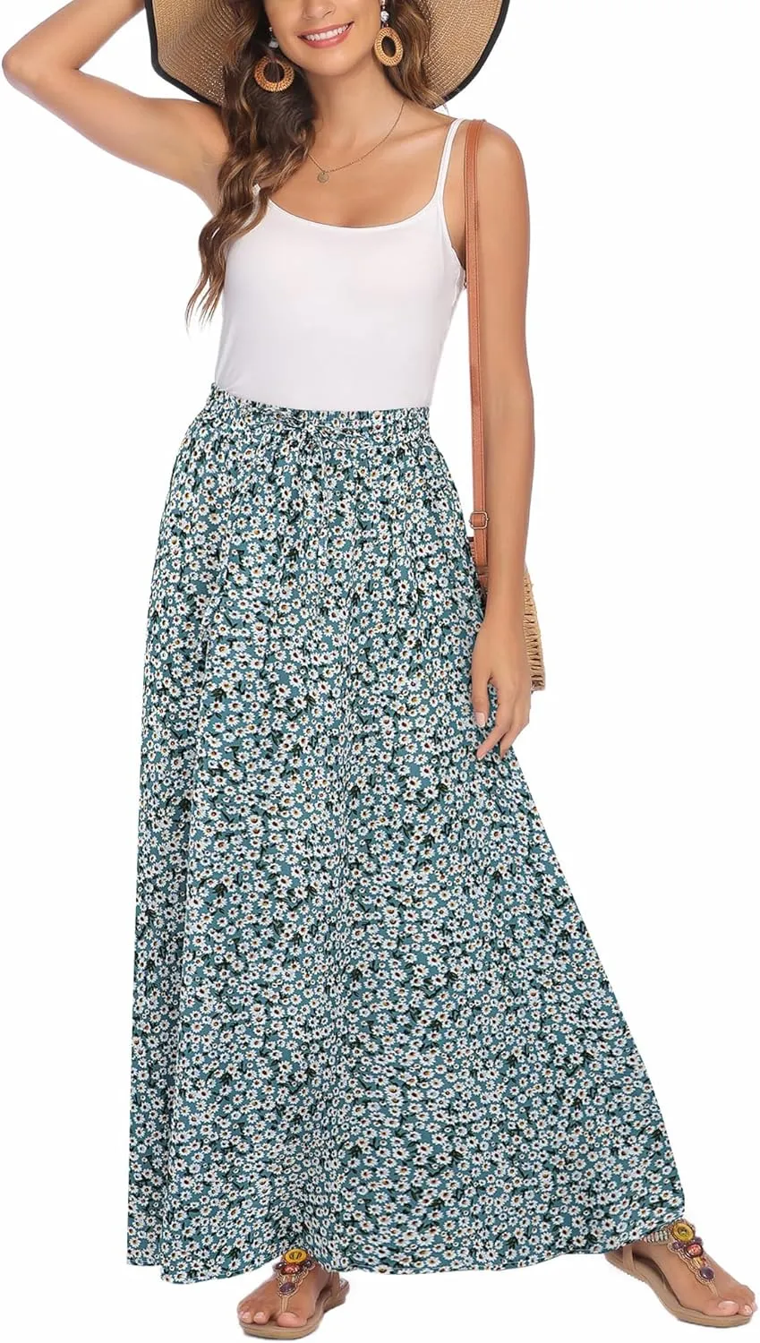 Bluetime Women Flowy Long Skirts Summer Beach Pleated Elastic High Waisted Casual Maxi Skirts