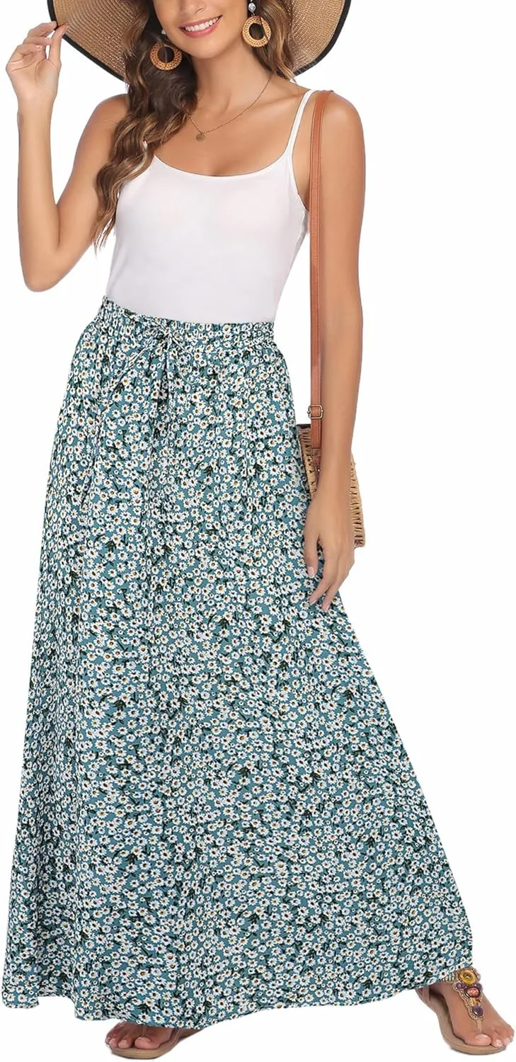 Bluetime Women Flowy Long Skirts Summer Beach Pleated Elastic High Waisted Casual Maxi Skirts