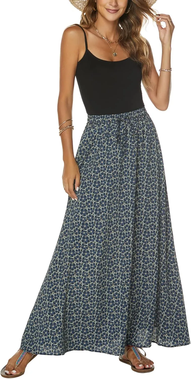 Bluetime Women Flowy Long Skirts Summer Beach Pleated Elastic High Waisted Casual Maxi Skirts