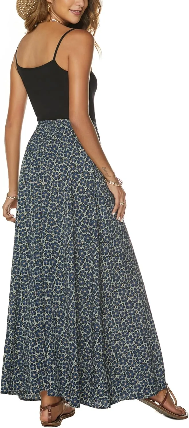 Bluetime Women Flowy Long Skirts Summer Beach Pleated Elastic High Waisted Casual Maxi Skirts