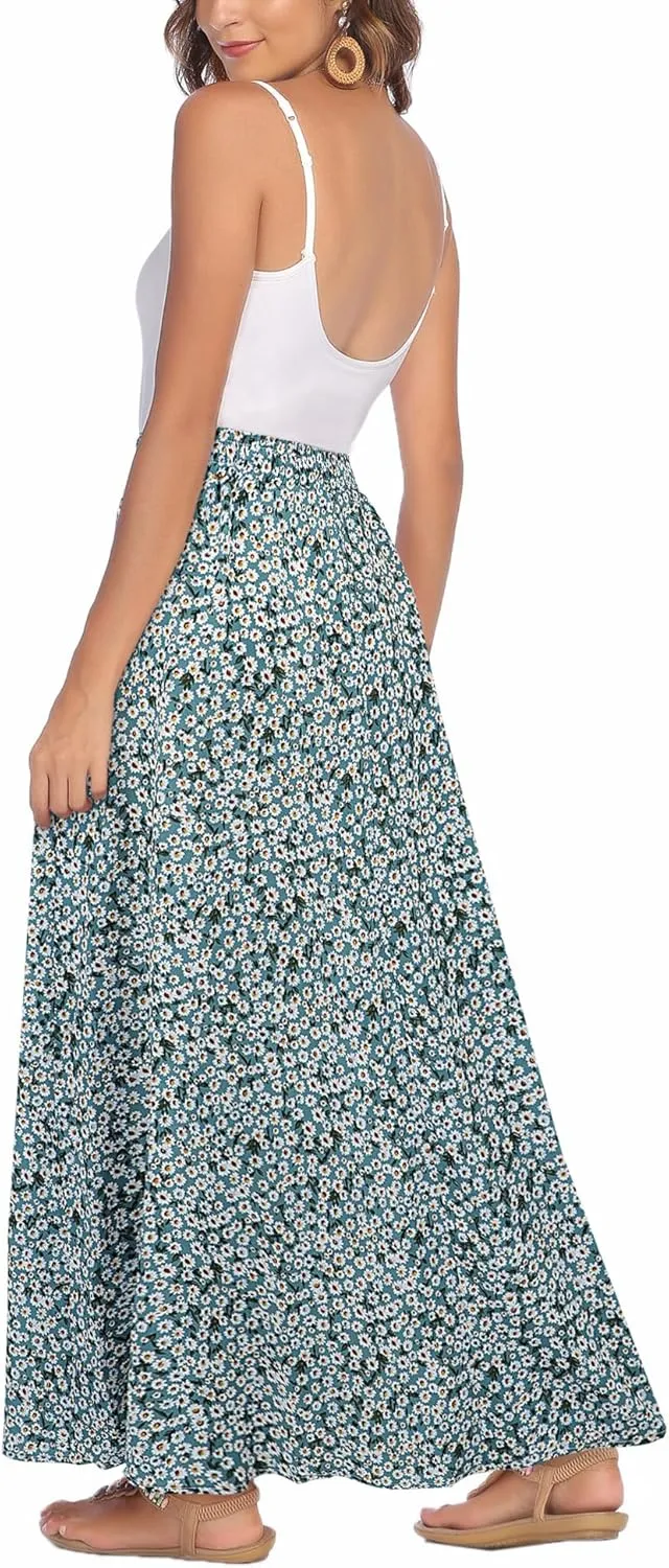 Bluetime Women Flowy Long Skirts Summer Beach Pleated Elastic High Waisted Casual Maxi Skirts