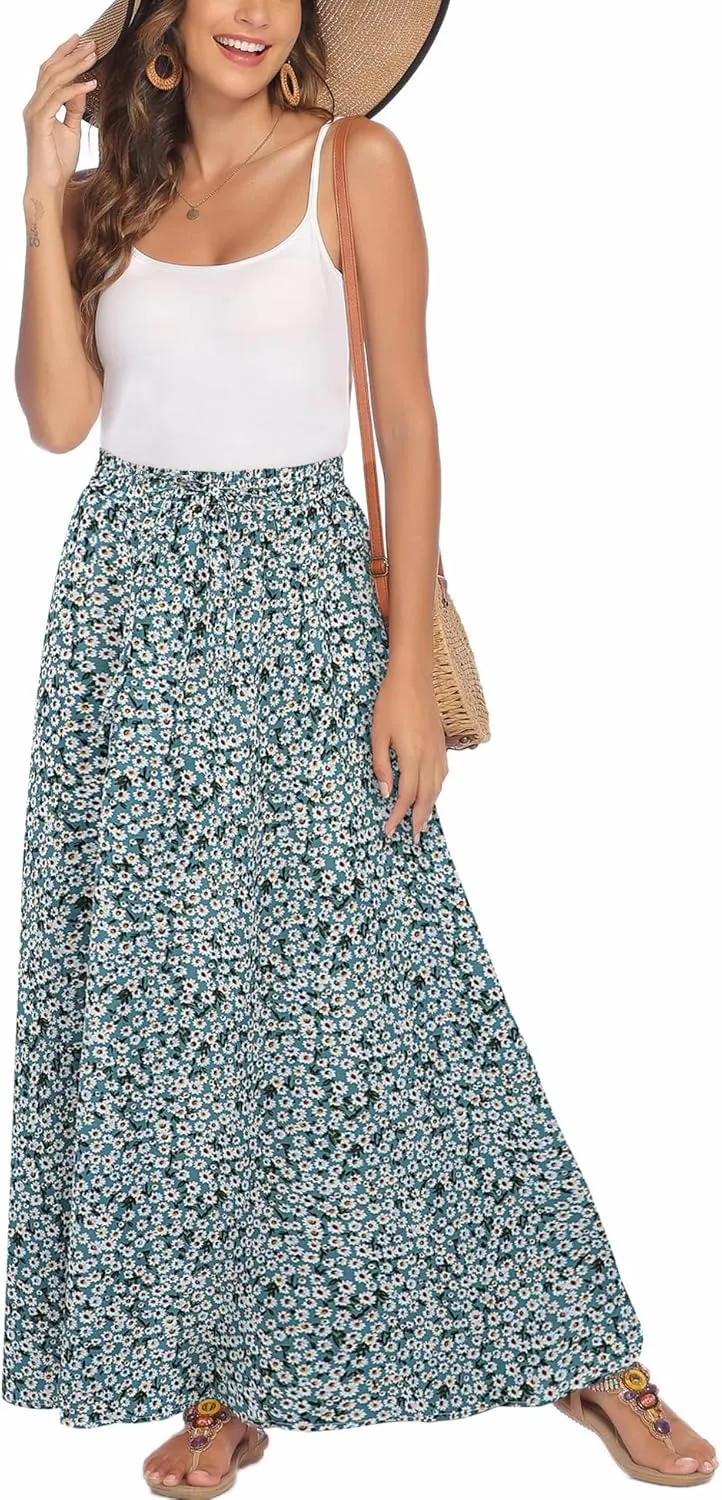 Bluetime Women Flowy Long Skirts Summer Beach Pleated Elastic High Waisted Casual Maxi Skirts