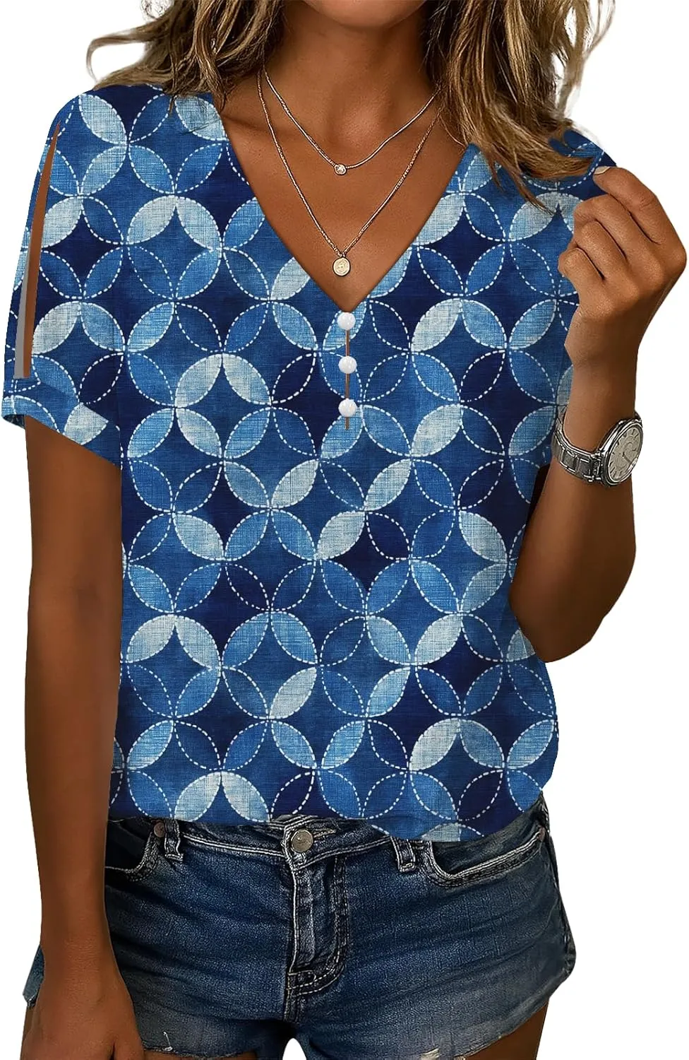 Boho Floral Tops for Women Leaf Patchwork Printed Shirt V Neck Short Sleeve Cold Shoulder Casual Button Summer Blouse