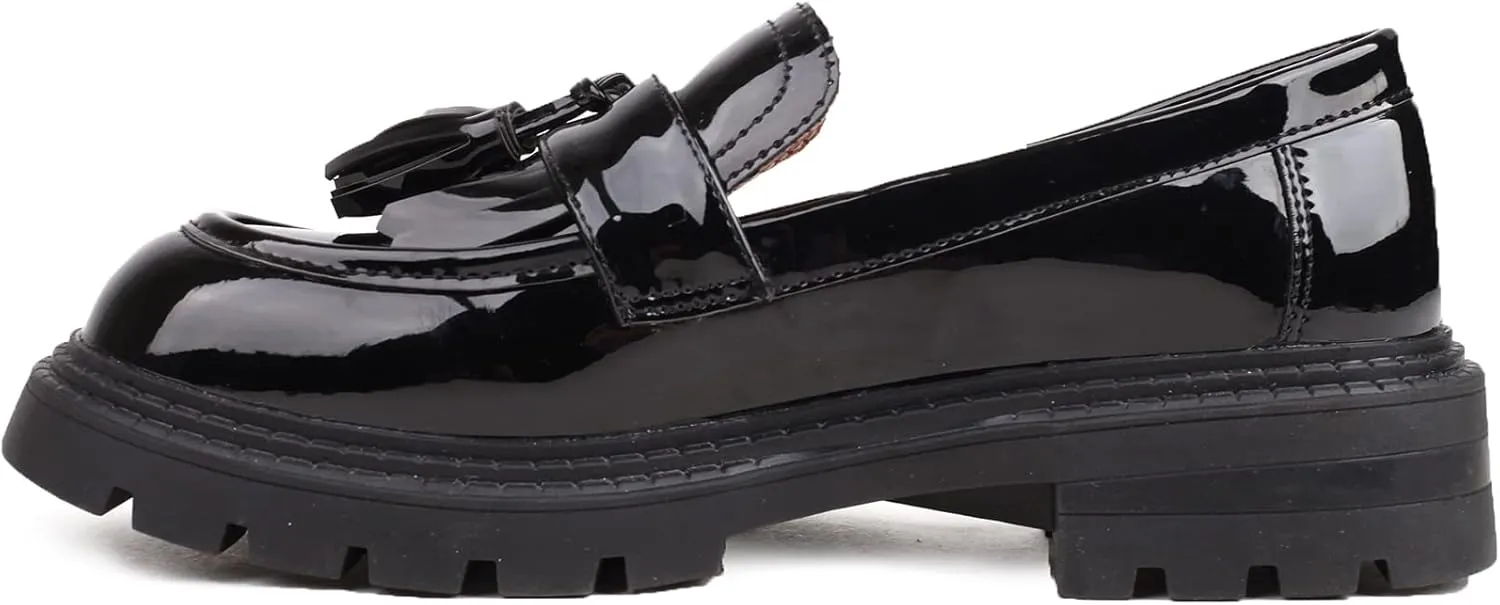 British Style Women's Fashion Loafers, Patent Leather Tassel Loafers, Black Thick-Soled Loafers, Slip-on Thick-Soled Loafers, Simple Casual Flat Shoes, Plus Size Shoes.