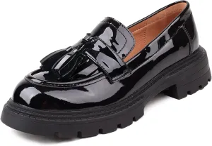British Style Women's Fashion Loafers, Patent Leather Tassel Loafers, Black Thick-Soled Loafers, Slip-on Thick-Soled Loafers, Simple Casual Flat Shoes, Plus Size Shoes.