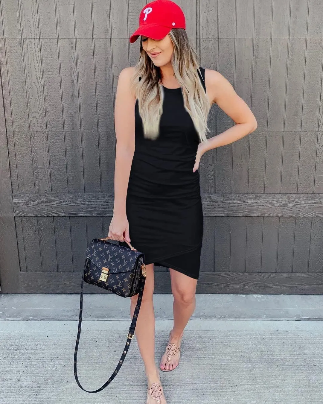 BTFBM Women 2025 Summer Sleeveless Tank Dresses Crew Neck Slim Fit Short Casual Ruched Bodycon Party Club Mini Dress
