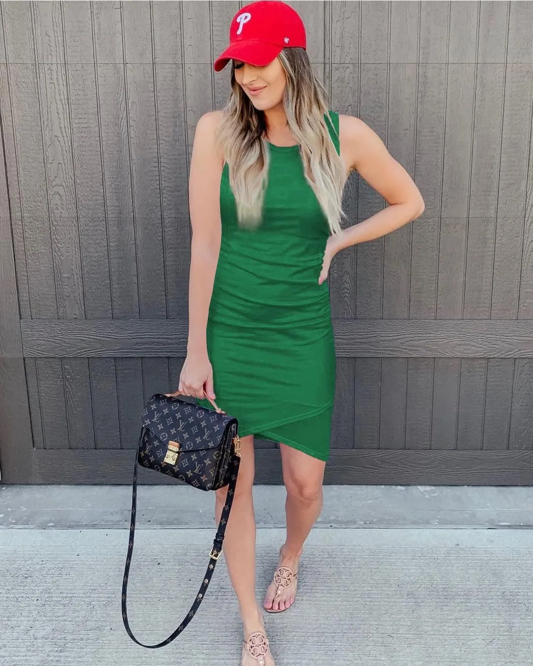 BTFBM Women 2025 Summer Sleeveless Tank Dresses Crew Neck Slim Fit Short Casual Ruched Bodycon Party Club Mini Dress