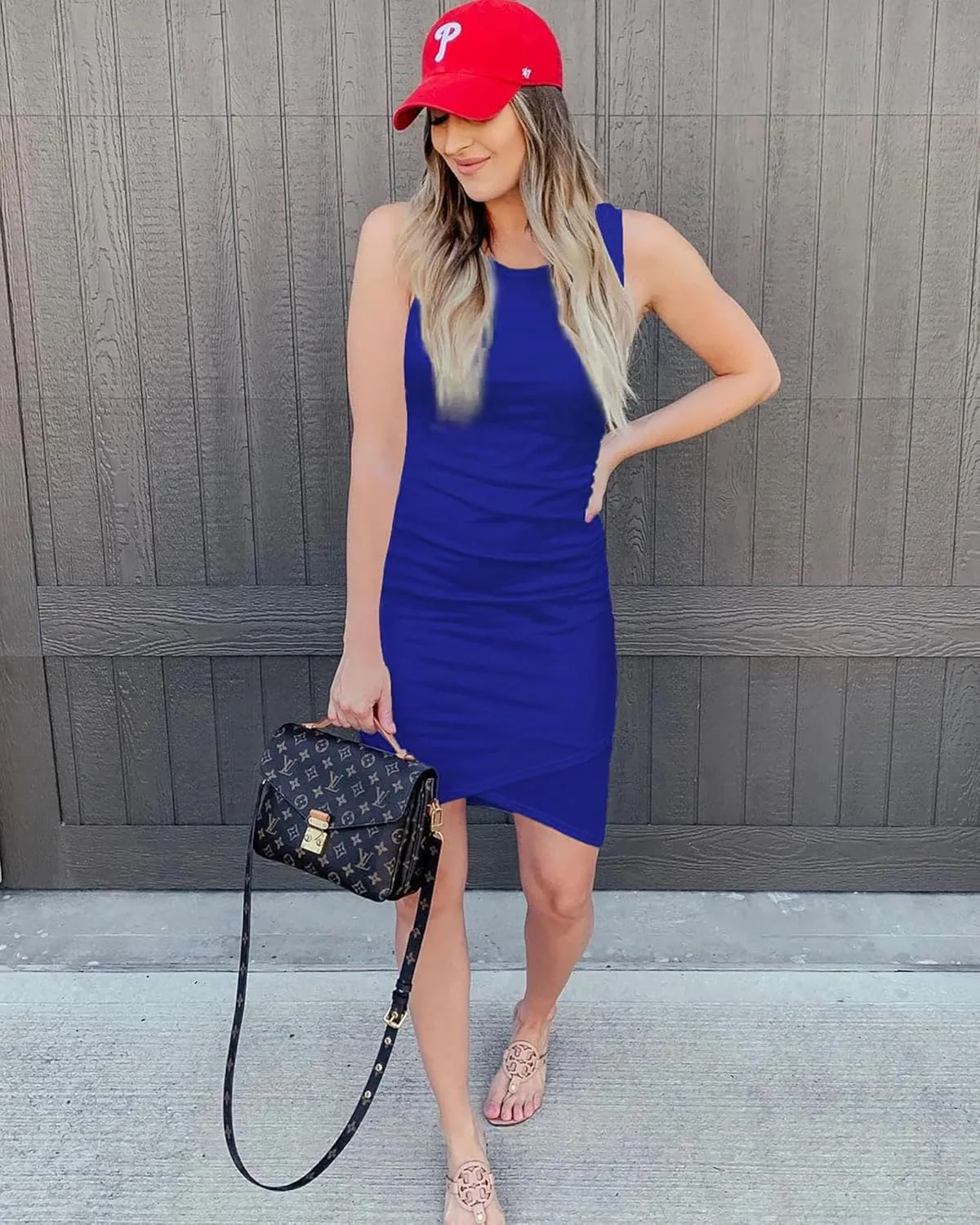BTFBM Women 2025 Summer Sleeveless Tank Dresses Crew Neck Slim Fit Short Casual Ruched Bodycon Party Club Mini Dress