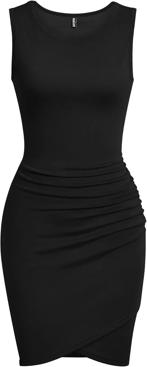 BTFBM Women 2025 Summer Sleeveless Tank Dresses Crew Neck Slim Fit Short Casual Ruched Bodycon Party Club Mini Dress