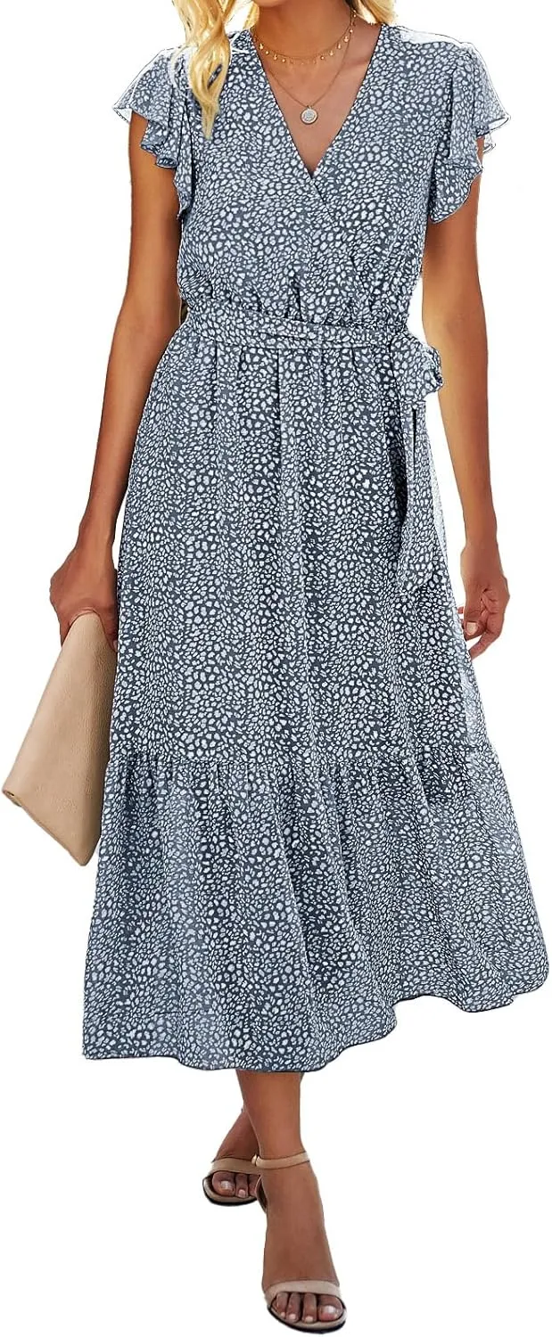 BTFBM Women Summer Bohemian Floral Casual Wrap V Neck Ruffle Cap Sleeveless Belt A-Line Pleated Hem Midi Sun Dress White