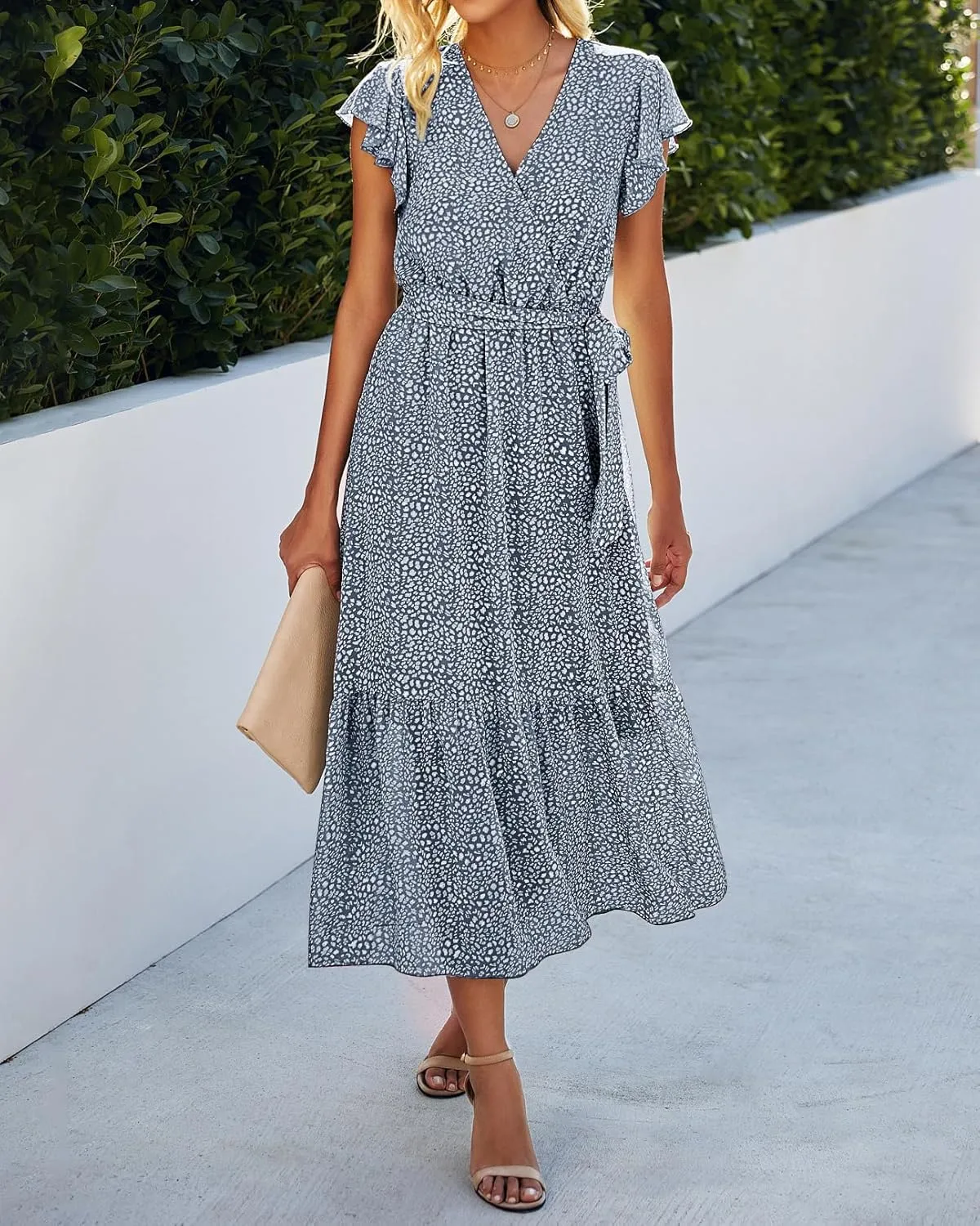 BTFBM Women Summer Bohemian Floral Casual Wrap V Neck Ruffle Cap Sleeveless Belt A-Line Pleated Hem Midi Sun Dress White