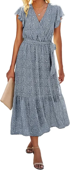BTFBM Women Summer Bohemian Floral Casual Wrap V Neck Ruffle Cap Sleeveless Belt A-Line Pleated Hem Midi Sun Dress White