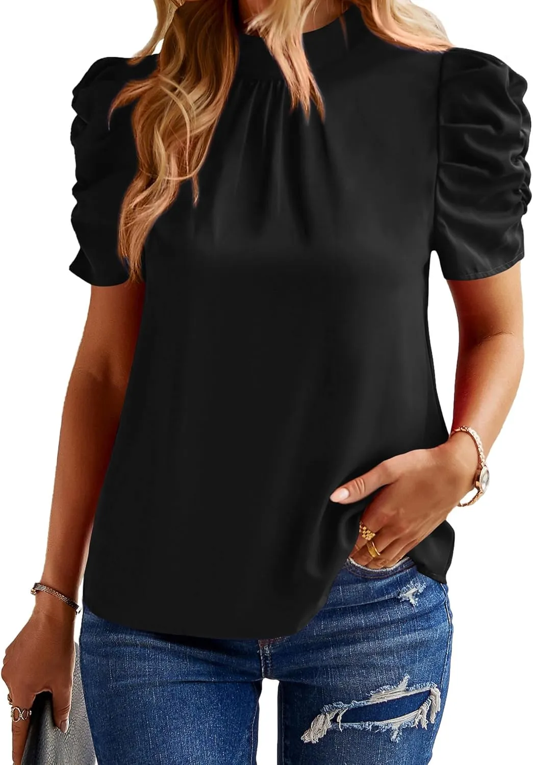 BTFBM Women's Summer Boho Shirt Top Ruffle Short Sleeve Frill Trim Mock Neck Floral Solid 2025 Casual Blouses Shirts Tops
