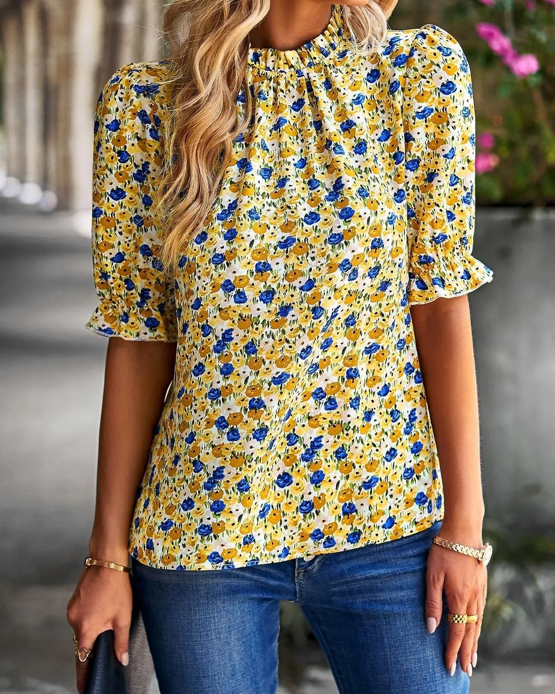 BTFBM Women's Summer Boho Shirt Top Ruffle Short Sleeve Frill Trim Mock Neck Floral Solid 2025 Casual Blouses Shirts Tops