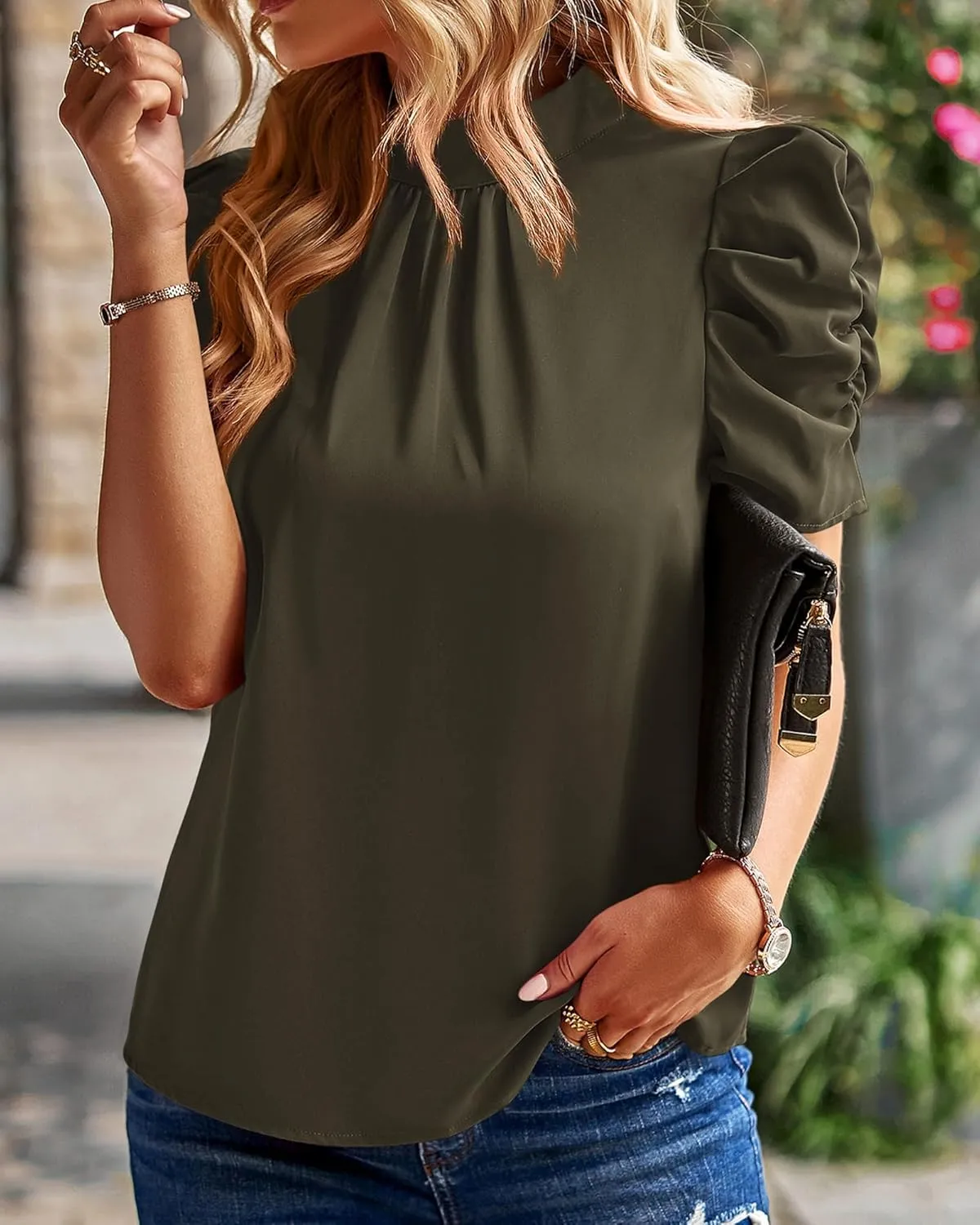 BTFBM Women's Summer Boho Shirt Top Ruffle Short Sleeve Frill Trim Mock Neck Floral Solid 2025 Casual Blouses Shirts Tops