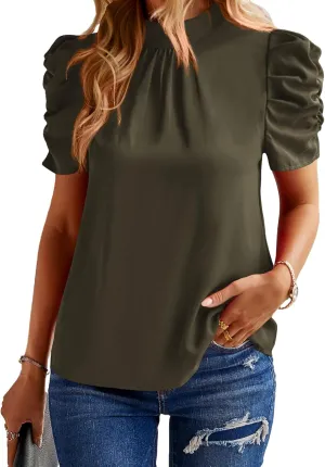BTFBM Women's Summer Boho Shirt Top Ruffle Short Sleeve Frill Trim Mock Neck Floral Solid 2025 Casual Blouses Shirts Tops