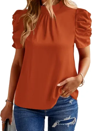 BTFBM Women's Summer Boho Shirt Top Ruffle Short Sleeve Frill Trim Mock Neck Floral Solid 2025 Casual Blouses Shirts Tops