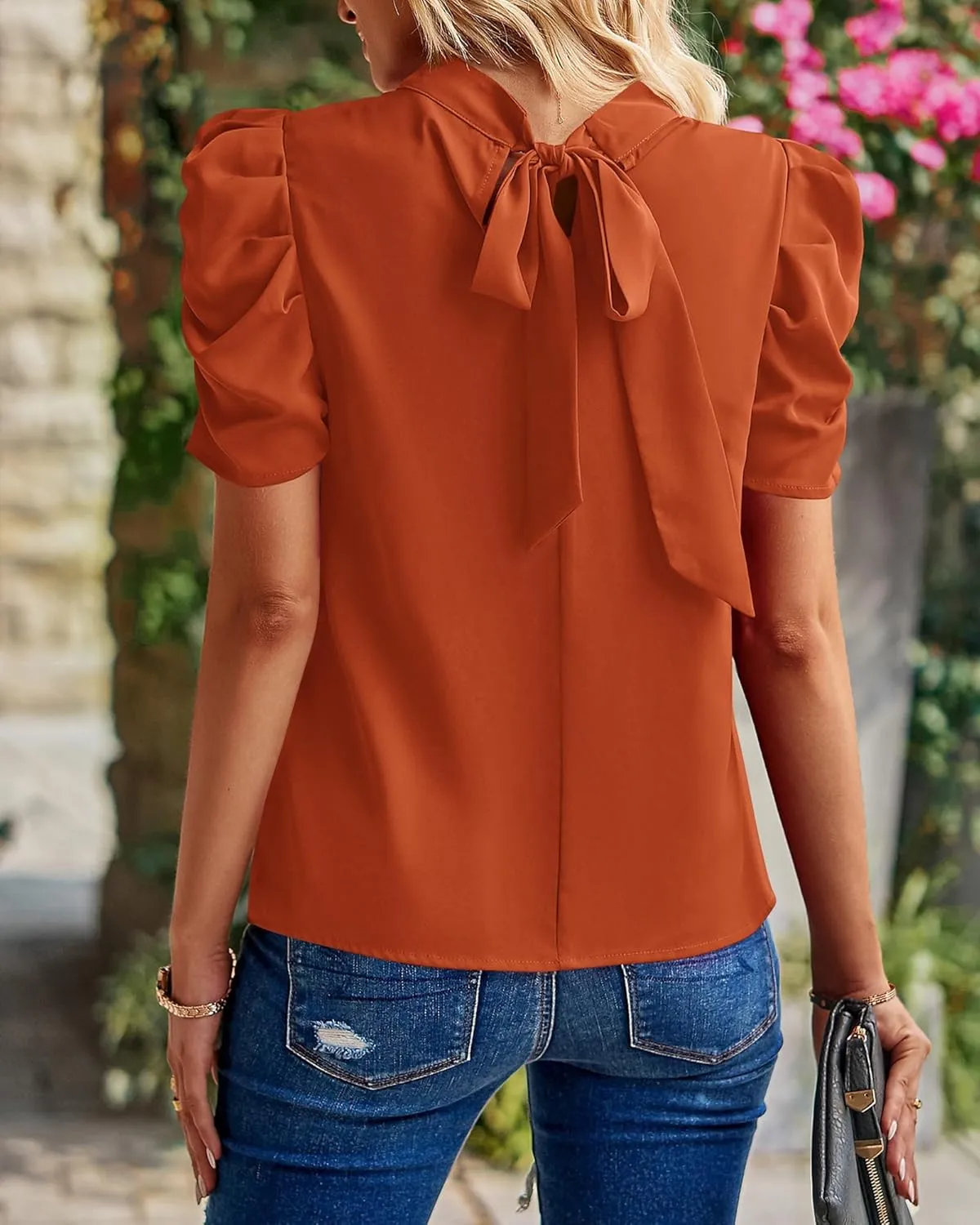 BTFBM Women's Summer Boho Shirt Top Ruffle Short Sleeve Frill Trim Mock Neck Floral Solid 2025 Casual Blouses Shirts Tops