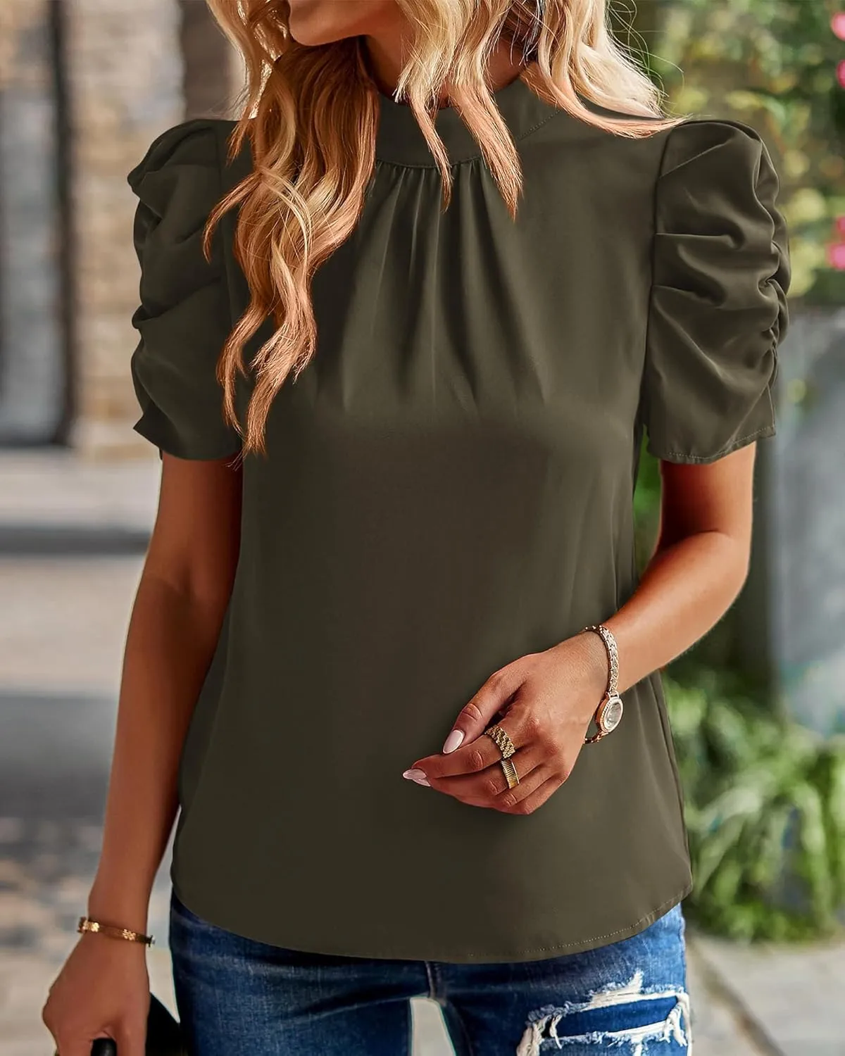 BTFBM Women's Summer Boho Shirt Top Ruffle Short Sleeve Frill Trim Mock Neck Floral Solid 2025 Casual Blouses Shirts Tops