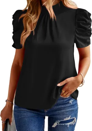 BTFBM Women's Summer Boho Shirt Top Ruffle Short Sleeve Frill Trim Mock Neck Floral Solid 2025 Casual Blouses Shirts Tops