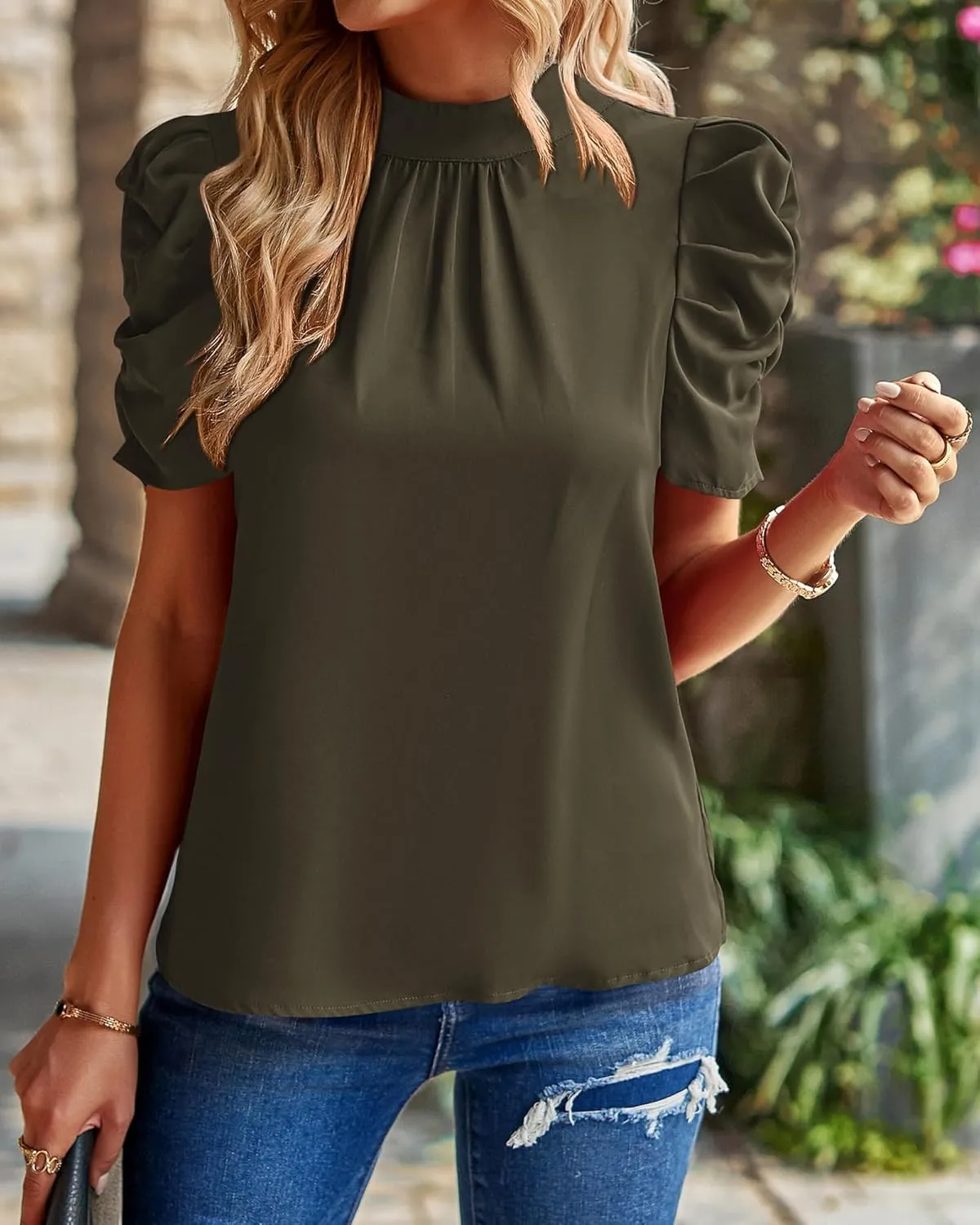 BTFBM Women's Summer Boho Shirt Top Ruffle Short Sleeve Frill Trim Mock Neck Floral Solid 2025 Casual Blouses Shirts Tops