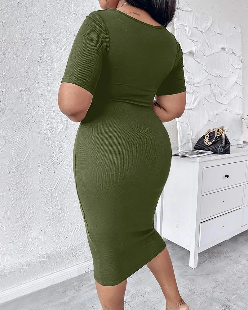 Built-in Removable Shapewear Bra Pad Bodycon Midi Dress Knitted Ribbed Square Neck Short Sleeve Basic Party Dresses