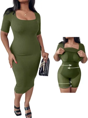 Built-in Removable Shapewear Bra Pad Bodycon Midi Dress Knitted Ribbed Square Neck Short Sleeve Basic Party Dresses