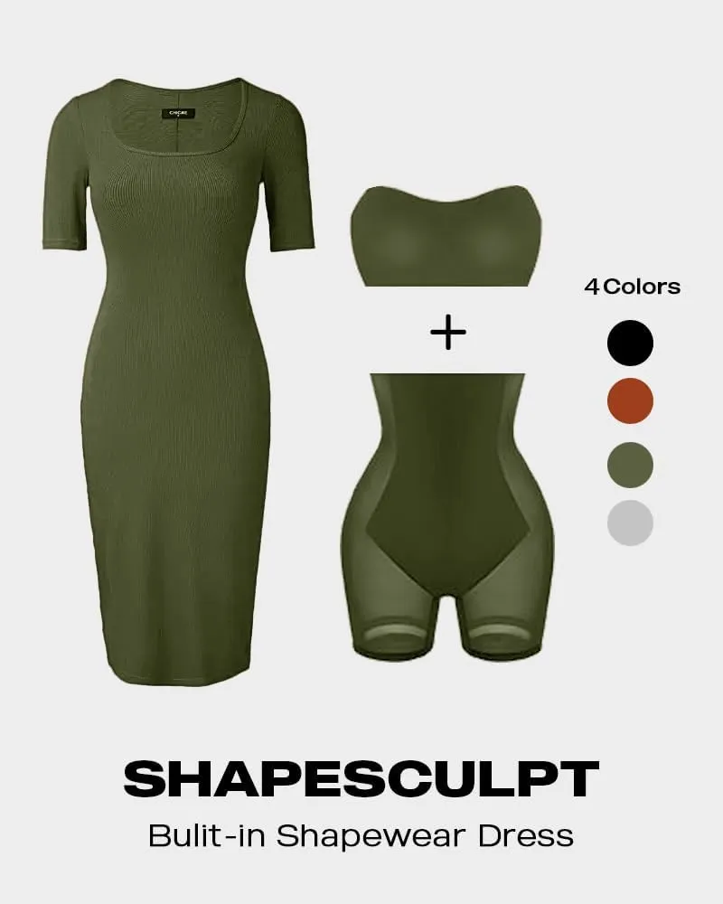 Built-in Removable Shapewear Bra Pad Bodycon Midi Dress Knitted Ribbed Square Neck Short Sleeve Basic Party Dresses