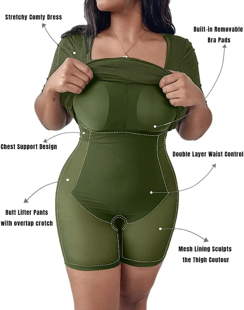 Built-in Removable Shapewear Bra Pad Bodycon Midi Dress Knitted Ribbed Square Neck Short Sleeve Basic Party Dresses