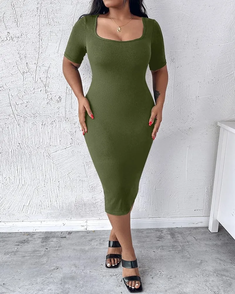 Built-in Removable Shapewear Bra Pad Bodycon Midi Dress Knitted Ribbed Square Neck Short Sleeve Basic Party Dresses