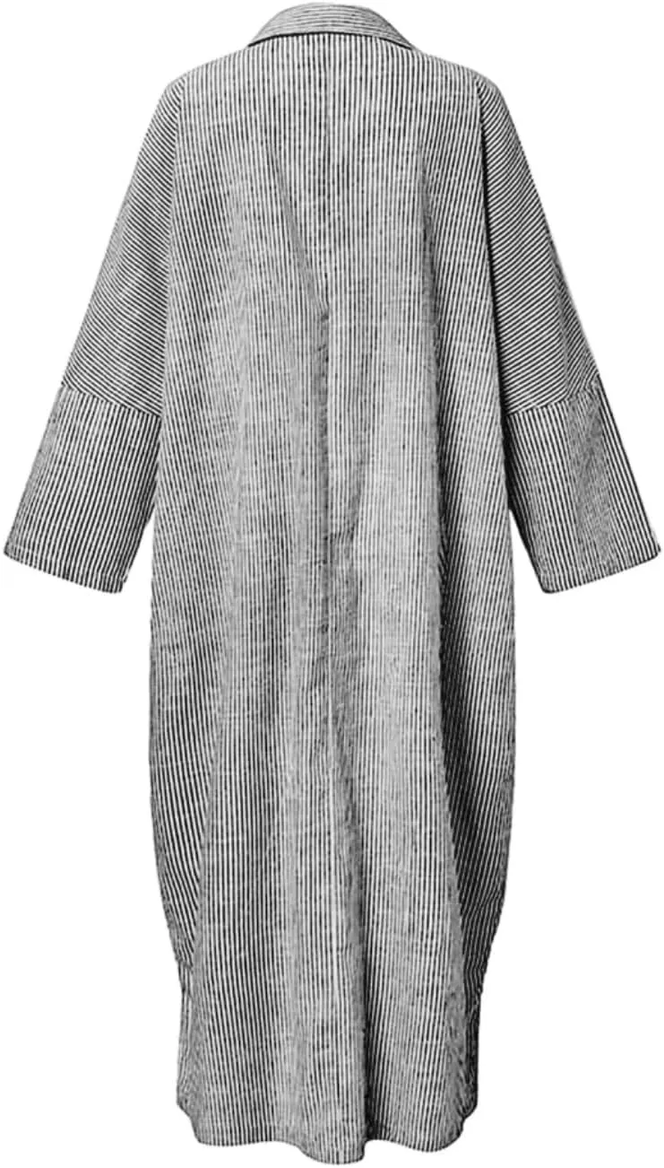 Button Down Shirt Dress for Womens Cotton Linen Long Sleeve Maxi Dress Striped Casual Loose Fit Dress with Pockets