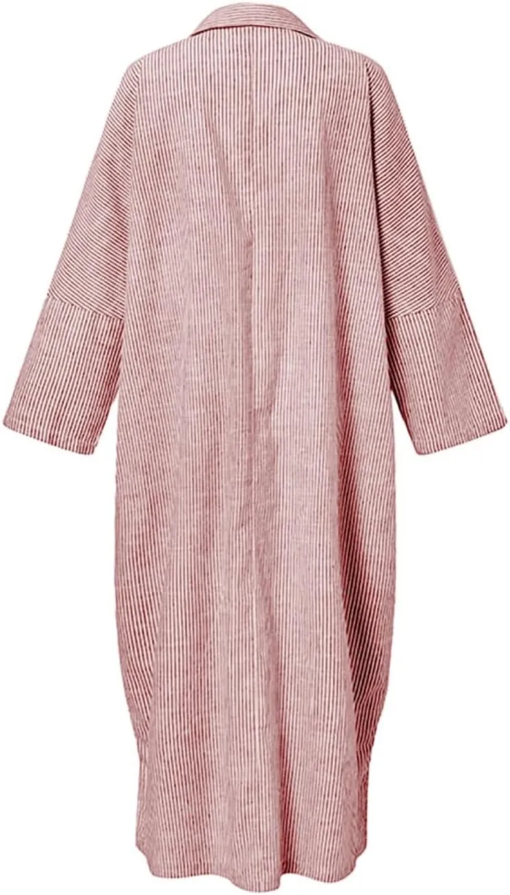 Button Down Shirt Dress for Womens Cotton Linen Long Sleeve Maxi Dress Striped Casual Loose Fit Dress with Pockets