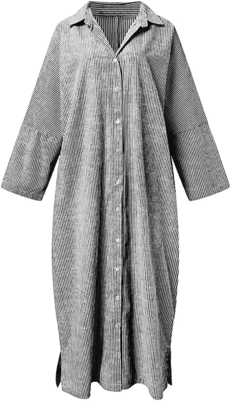 Button Down Shirt Dress for Womens Cotton Linen Long Sleeve Maxi Dress Striped Casual Loose Fit Dress with Pockets