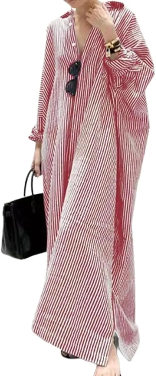 Button Down Shirt Dress for Womens Cotton Linen Long Sleeve Maxi Dress Striped Casual Loose Fit Dress with Pockets