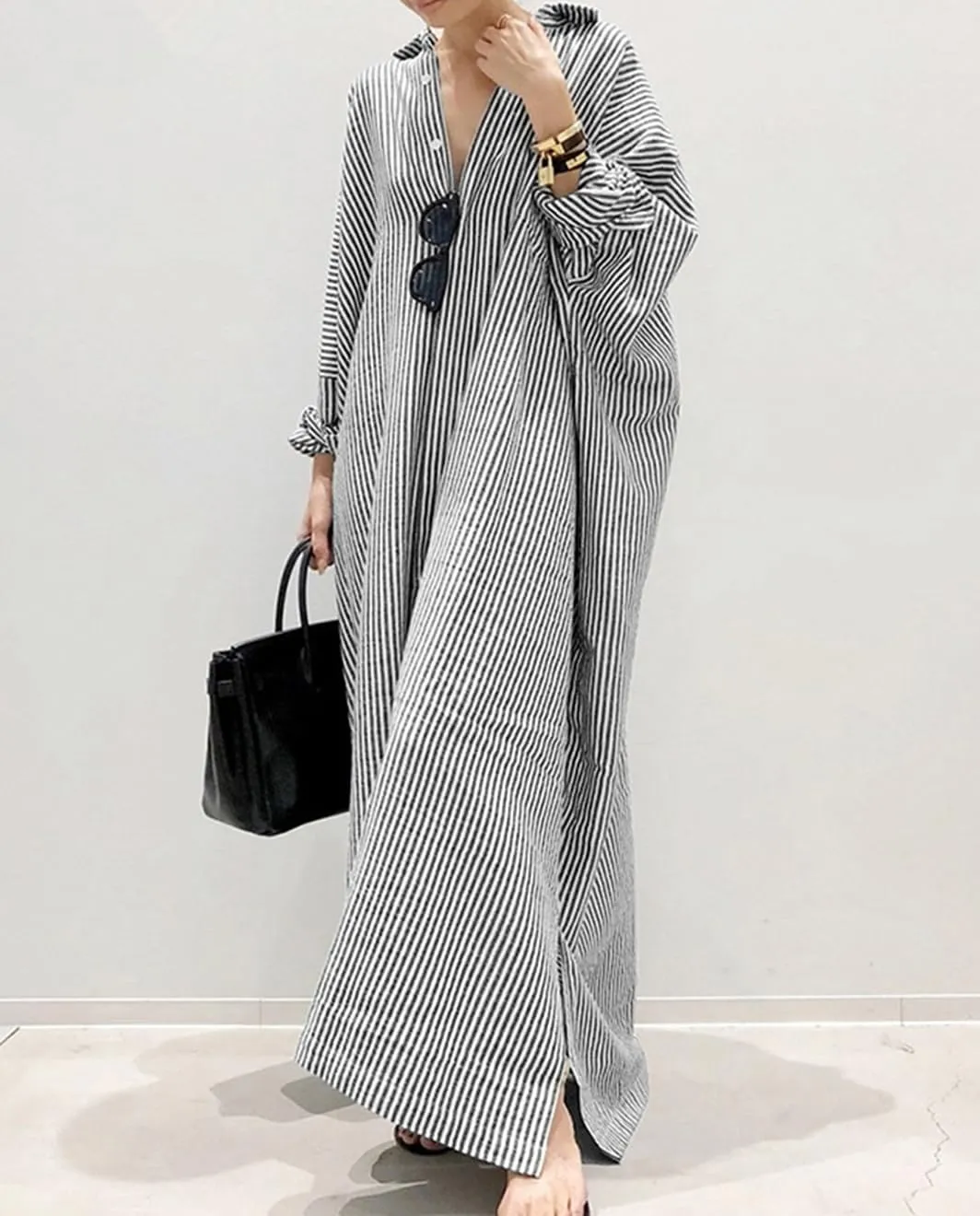 Button Down Shirt Dress for Womens Cotton Linen Long Sleeve Maxi Dress Striped Casual Loose Fit Dress with Pockets