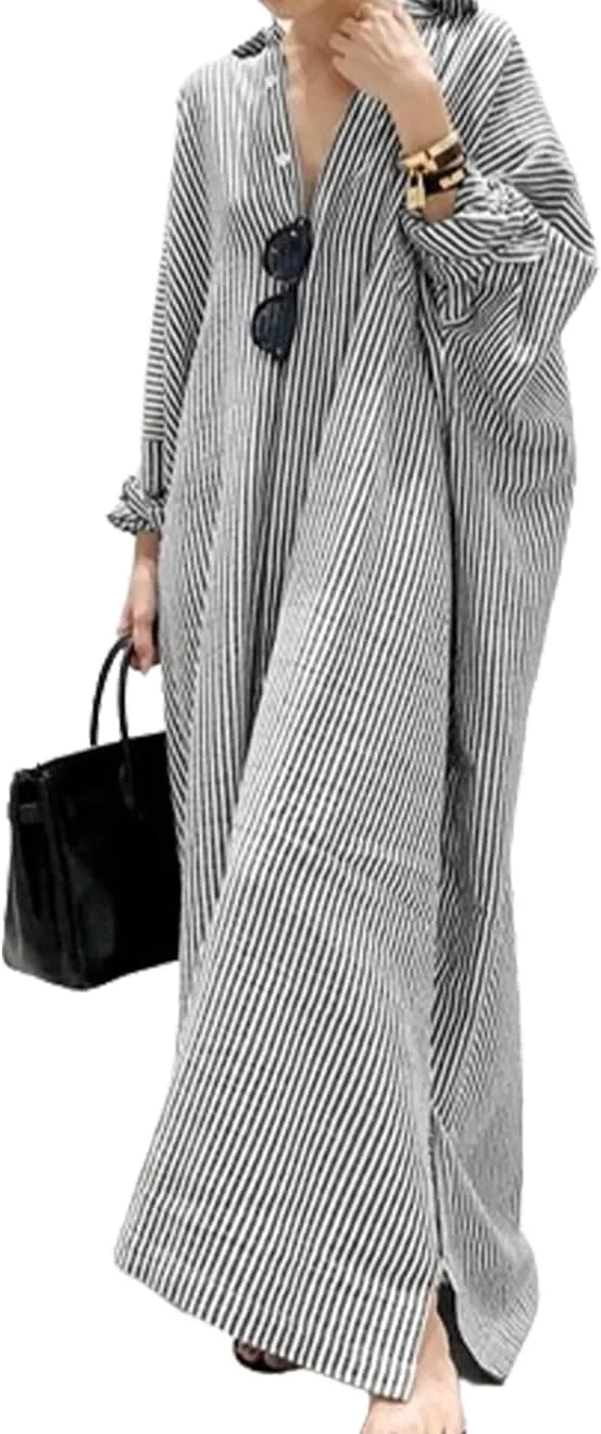 Button Down Shirt Dress for Womens Cotton Linen Long Sleeve Maxi Dress Striped Casual Loose Fit Dress with Pockets