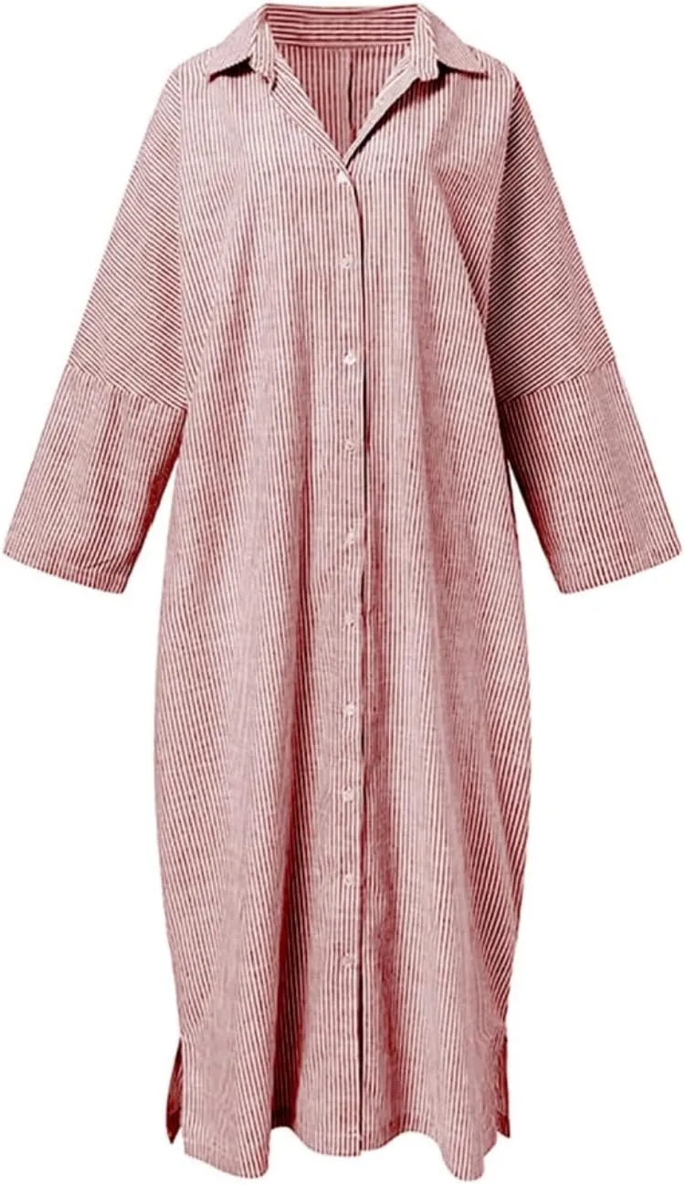Button Down Shirt Dress for Womens Cotton Linen Long Sleeve Maxi Dress Striped Casual Loose Fit Dress with Pockets
