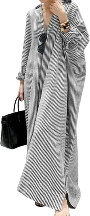 Button Down Shirt Dress for Womens Cotton Linen Long Sleeve Maxi Dress Striped Casual Loose Fit Dress with Pockets