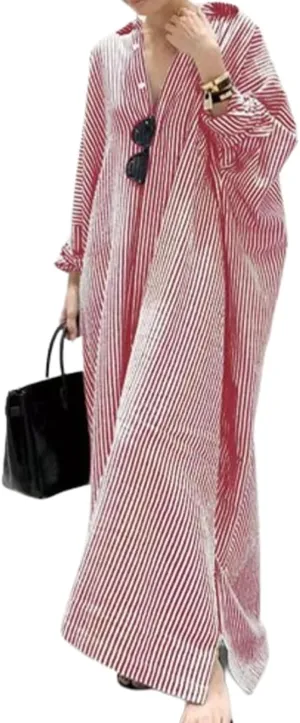 Button Down Shirt Dress for Womens Cotton Linen Long Sleeve Maxi Dress Striped Casual Loose Fit Dress with Pockets