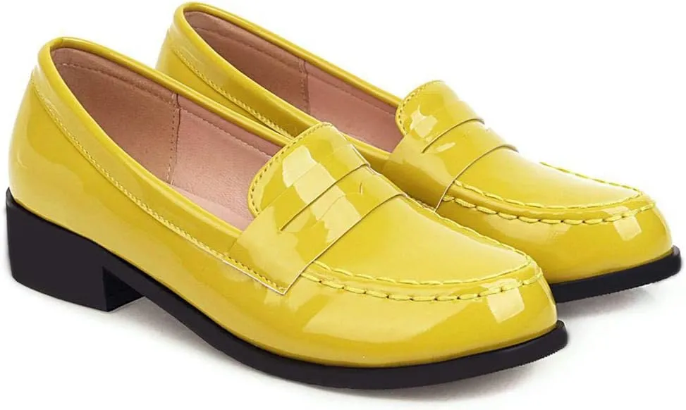 Caradise Women's Patent Leather Loafers Block Heel Slip On Casual Shoes