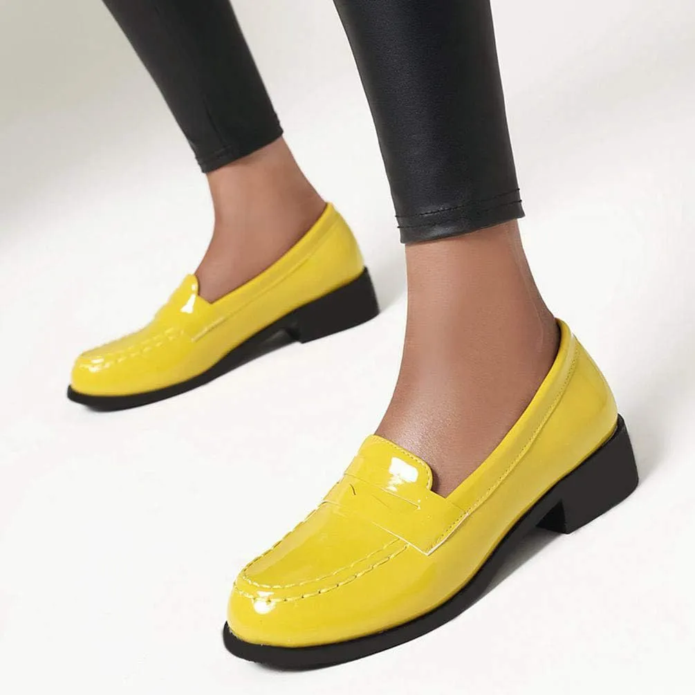 Caradise Women's Patent Leather Loafers Block Heel Slip On Casual Shoes