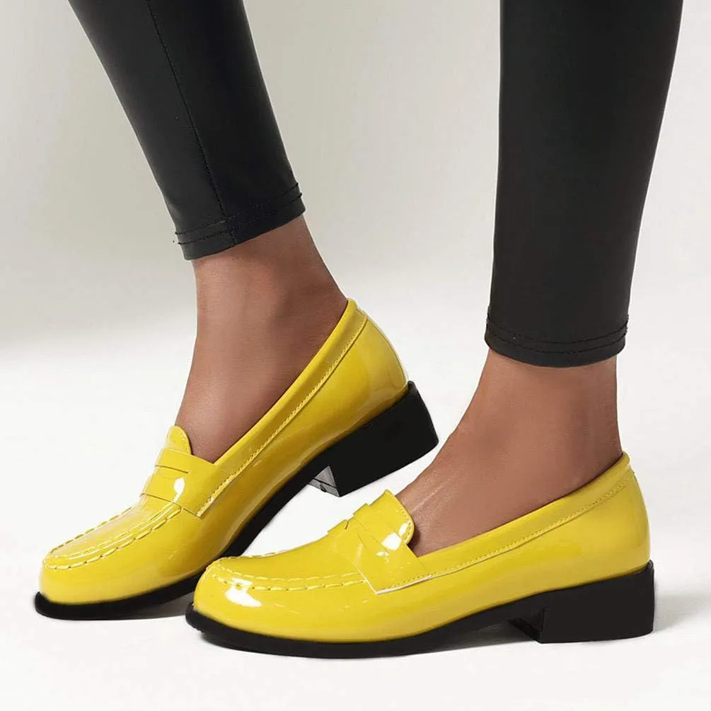 Caradise Women's Patent Leather Loafers Block Heel Slip On Casual Shoes