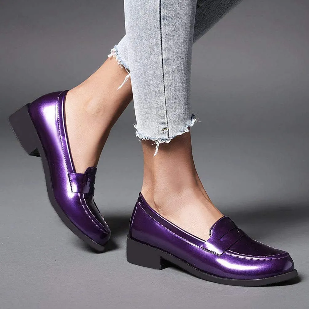 Caradise Women's Patent Leather Loafers Block Heel Slip On Casual Shoes