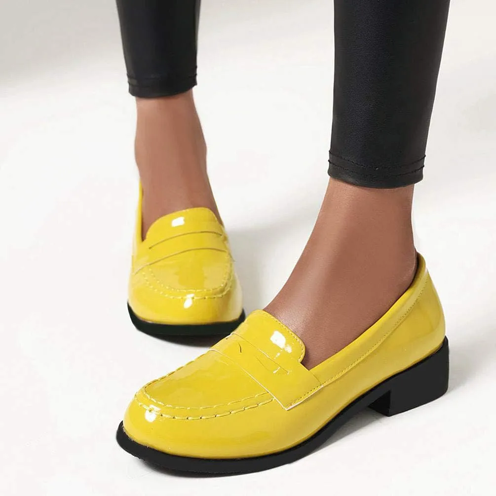Caradise Women's Patent Leather Loafers Block Heel Slip On Casual Shoes